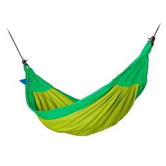 a green and yellow hammock hanging in the air