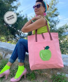 hand embroidery bag , tote bag , totes , leather straps shoulder bag , gift for women , bags for women Apple Bag, Pink Linen, Fabric Bag