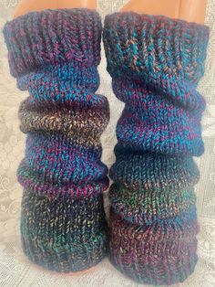 "** BEFORE ORDERING - Please check current processing and shipping times! This item is MADE TO ORDER. ** NEW 'Nightshade' hand-knitted leg warmers in warm, soft, easy-care acrylic yarn. Machine washable, and totally unique - no two pairs the same! The leg warmers are all 16\" long, and can be made in two widths: Standard - max 14-16\" (fully stretched) around (size shown in photos) Wide - max 16-18\" (fully stretched) around It is advisable to measure around the widest part of your leg to make sure these will fit before ordering. If you require a different fit to those shown, please get in touch. Children's sizes are available in a different listing. Photos for example only. Please be aware the leg warmers will not exactly 'match' each other due to the pattern of colours within the yarn. B Casual Multicolor Knitted Leg Warmers, Blue One-size Leg Warmers For Fall, Cozy Knitted Multicolor Leg Warmers, Cozy Multicolor Knitted Leg Warmers, Knitted Leg Warmers, Jaune Orange, Socks And Hosiery, Leg Warmers, Hosiery