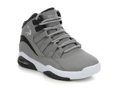 Synthetic leather or nubuck upper with padded collar and fabric lining, Mid-top design with lace-up closure, Classic round toe, Absorbent fabric lined insole, Rubber midsole and outsole with visible air cushion detail, Shaq branding details | Boys' Shaq Little Kid & Big Kid Full Press Basketball Shoes in Grey/Nubuck Size 3.5 - Big Kid Outdoor Lace-up Basketball Shoes With Cushioned Footbed, Breathable Leather High-top Lace-up Sneakers, Breathable Leather Lace-up High-top Sneakers, Gray Breathable High-top Sneakers With Round Toe, Synthetic Mid-top Basketball Shoes With Laces, Synthetic High-top Sneakers With Elastic Laces, High-top Synthetic Sneakers With Elastic Laces, Synthetic Lace-up Basketball Shoes With Cushioned Footbed, Cushioned Lace-up Synthetic Basketball Shoes