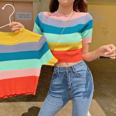 Rainbow Color Block Stripe Knit Top sold by Littlepinko on Storenvy Rainbow Top, Top Outfit, Mood Board Fashion, Rainbow Color, Loose Shirts, Knit Crop Top, Knit Crop, Rainbow Stripes, Striped Knit