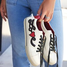 Get your kicks in these lovely sneakers bearing Stacey Lau's handwritten version of the word "love." Comfortable and cute a winning combination. Trendy Sneakers With Red Sole, Word Necklace, The Word Love, Word Love, Brighton Jewelry, Jewelry Cleaner, Cleaning Jewelry, Mens Belts, Love Me