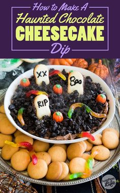 how to make a halloween chocolate cheesecake dip with marshmallows and candies