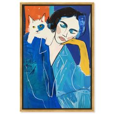 a painting of a woman holding a cat in front of an orange and blue background