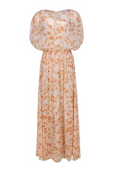 Current Boutique-Paper Crown - Peach Floral Sheer Silk Gown Sz M Flowy Orange Dress For Garden Party, Peach Spring Wedding Dress, Elegant Orange Maxi Dress For Garden Party, Peach Fitted Maxi Dress For Wedding, Fitted Peach Maxi Dress For Wedding, Bohemian Peach Maxi Dress For Garden Party, Beige Floral Print Maxi Dress For Wedding, Flowy Peach Dress For Wedding, Spring Orange Feminine Maxi Dress