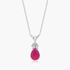 14K White Gold Pear Shaped Ruby & Tri-Diamond Pendant Necklace. Channel your inner royal in this luxurious pendant necklace. Featuring a beautiful pear shaped gemstone with three diamonds at its top, this expertly crafted necklace exudes elegance. Pair it with the matching earrings for the ultimate shine. Diamond Pendant Necklace, Fine Jewellery Necklace, Diamond Pendant, Gemstone Necklace, Matching Earrings, Pear Shaped, Pendant Jewelry, Pear, Ruby