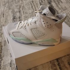 Brand New Retro Jordan Jordan 6 Modern White Custom Sneakers For Spring, Modern Custom White Sneakers For Spring, Modern White Custom Sneakers With Cushioned Footbed, Jordan Green, Jordan Retro 6, Retro 6, Jordan 6 Retro, Shoes Jordan, New Retro