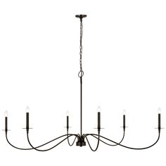 a black chandelier with six lights hanging from it's center and four arms