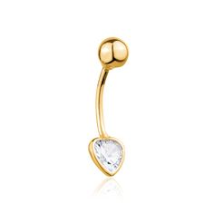 14k gold belly rings with heart-shaped gemstones A perfect combination of luxury and romance. Massete's irresistible 16 gauge (1.2mm) gold navel rings feature dazzling cubic zirconia stones in the shape of a heart, symbolizing love and affection. The 21mm length (almost 1 inch) ensures a stunning, eye-catching look that will make you feel confident and alluring. Crafted with the utmost care and attention to detail, these gold belly button rings are designed for both style and comfort. The easy-g Elegant Heart-shaped Internally Threaded Belly Rings, Gold Heart-shaped Elegant Piercings, Elegant Gold Heart-shaped Piercings, Elegant Gold Heart Piercings, Elegant 14k Gold Belly Rings For Gift, Elegant 14k Yellow Gold Belly Rings, Elegant Heart-shaped Wedding Belly Rings, Elegant Internally Threaded Belly Rings As Gift, Yellow Gold Internally Threaded Belly Rings As Gift