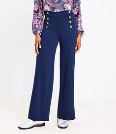 ,Pants Details:Details: Elasticized waist. Faux back welt pockets.,Leg Shape:Leg Shape: Wide Leg - a flattering wide leg that’s just right,Rise:Rise: Sits at high waist, 11 1/4" rise,Imported:Imported,Fit:Fit: Easy, effortless and so cool,Length:Length: Full length, 30 1/2" inseam,Fabrication:64% Polyester, 34% Rayon, 2 % Spandex,Garment Care:Machine Washable Loft Mariner Wide Leg Pants in Twill Size 2 Deep Space Blue Women's by Loft Size Regular - 2 Deep Space Blue Women's Regular, Wide, Leg, P Blue Outfits, Jeans Petite, Wide Leg Crop Pants, Tall Pants, Pants Details, Marine Blue, Trendy Clothes For Women, Deep Space, Denim Top