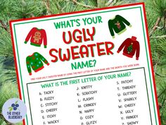 a ugly sweater name game is shown on a pine tree