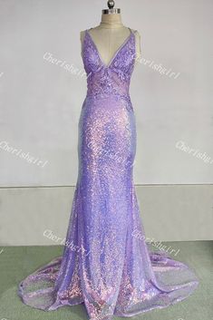 Lavender Party Dress With Sweep Train, Lavender Dress With Sweep Train For Party, V-neck Purple Gown For Prom Season, Purple V-neck Gown For Prom, Purple Fitted V-neck Gown, Purple Fishtail Formal Evening Dress, Purple Fishtail Mermaid Dress For Wedding, Lavender Fitted Evening Dress For Prom, Lavender Fitted Gown For Prom Season