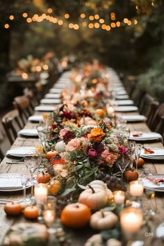 Rustic fall wedding tablescape adorned with pumpkins, lush floral centerpieces, and candles, under string lights for a charming outdoor October wedding. Industrial Bohemian Wedding, Colorful Industrial Wedding, Wedding Table Centerpiece Ideas, Fall Greenhouse Wedding, Fall Wedding Elegant, Fall Wedding Tablescapes Round, Fall Wedding Party Colors, Fall Glam Wedding, Muted Fall Wedding