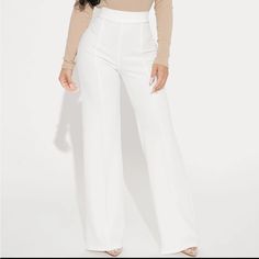 White High Waisted Dress Pants. High Waist, Back Zipper, Wide Leg Flare Pant, Stretch. 32” Inseam 96% Polyester 4% Spandex Solid High Waist Wide Leg Pants For Date Night, Fitted High Waist Wide Leg Pants For Date Night, Chic Non-stretch Dress Pants For Party, Fitted High-waisted Dress Pants For Date Night, Elegant Wide Leg Pants For Date Night, Snug Waist White Wide Leg Pants For Work, High Waist Wide Leg Pants For Date Night, Fitted Wide Leg Pants For Spring Date Night, White Wide Leg Full Length Pants For Office