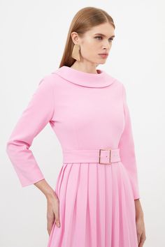 Tailored Structured Crepe Roll Neck Pleated Midi Dress Navy Midi Dress, Pleated Midi Dress, Pink Midi Dress, Roll Neck, Karen Millen, Fashion Face, Dress Pink, Three Quarter Sleeves, Quarter Sleeve