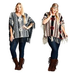 Women's Top Velezra    Perfect weight poncho sweater for layering. The Aztec tribal print is wonderful. The pull over poncho styling makes for easy on & off. The stretch sweater knit fabric is extremely comfy to wear and assures great fit. This jacket features a 5" bush fringe all around the edge. You will love the feel and styling of this poncho. Velezra is well known for the boho pheasant bohemian look in their fashions. Velezra is found in the finest boutiques and department stores everywhere One Size Hippie Outerwear For Fall, Oversized Hippie Poncho For Fall, Poncho Styling, Poncho With Sleeves, Womens Poncho, West Coast Fashion, Poncho Wrap, Poncho Cardigan, Ladies Poncho