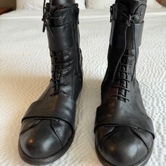 Unique Style Black Leather Lace-Up Boots In Size (Eu) 39 So Size 8-8.5 In (Us). Very Soft And In Excellent Condition. Black Moto Boots With Leather Sole And Cap Toe, Black Cap Toe Boots With Leather Footbed, Leather Lace Up Boots, Leather Lace, Black Leather Boots, Soft Black, Lace Up Boots, Leather And Lace, Black Boots