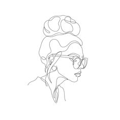 a line drawing of a woman's head with glasses and a bun in her hair