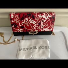 Bright Red Multicolor Color Crossbody Red Logo Crossbody Shoulder Bag, Michael Kors Designer Shoulder Bag With Logo, Designer Red Shoulder Bag With Logo, Red Designer Shoulder Bag With Logo, Michael Kors Evening Bag With Logo, Designer Michael Kors Shoulder Bag For Evening, Red Crossbody Bag, Red Crossbody, Michael Kors Satchel