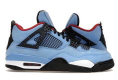 Up for sale is a pair of highly sought after Air Jordan 4 Retro x Travis Scott Cactus Jack sneakers in size 10.5. These shoes feature a mid top, lace-up closure, standard shoe width, and a stylish blue colorway. They were released in 2018 and are part of the Jordan product line. The shoe silhouette is a classic Air Jordan 4, with the added flair of Travis Scott's signature Cactus Jack design. These sneakers are perfect for basketball or any athletic activity. Don't miss your chance to own this r Travis Jordan, Jordan 4 Travis Scott, Sneakers Outfit Men, Travis Scott Cactus Jack, Blue Cactus, Authentic Jordans, Jordan 4s, Baddie Tips, Retro 4