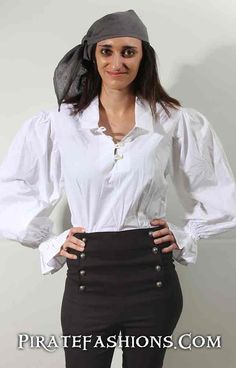 This be arrrr first men's styled pirate shirt designed to fit the shape of a women. Here be the perfect pirate shirt fer the ladies of golden age of piracy. It be versatile, in that ye can wear it with the included cravat fer the fancy look or without it fer a rough look. Part of the Women's Port Royal outfit, n' designed to look good on any size. • Comes in Virgin White• Comes with a button on cravat • Big billowy sleeves• Elastic wrist band with ruffles at the cuffs• Made from 100% white cotto Royal Outfit, Waistcoat Designs, Pirate Dress, Golden Age Of Piracy, Pirate Shirt, Lady Pirate, Pirate Outfit, Billowy Sleeves, Pirate Wench