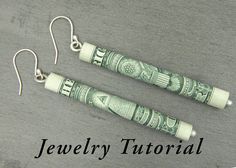 a pair of earrings made out of dollar bills on top of a gray background with the words jewelry tutorial written below it