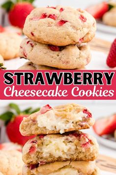 strawberry cheesecake cookies stacked on top of each other