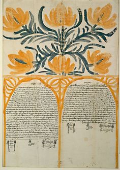 an old book with yellow flowers and writing on the page, in front of a white background