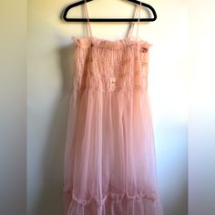 Glamorous Tulle Dress, Completely Sheer. Ready For A Carrie Bradshaw Moment, Or A Ballerina Costume Dream. Adjustable Straps, Loose Rouched Bodice, Tiered Layers. Size Small, But Runs Big Spring Tulle Dress With Spaghetti Straps, Spring Dresses With Spaghetti Straps And Tulle Skirt, Spring Bridesmaid Midi Dress With Lace Trim, Feminine Sheer Tulle Dress, Tulle Midi Dress With Spaghetti Straps For Party, Flowy Tulle Dress For Party, Flowy Tulle Summer Dress, Party Flowy Midi Dress With Lace Trim, Flowy Midi Dress With Lace Trim For Party