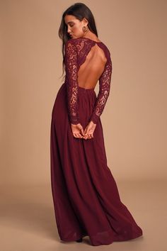 Lovely Burgundy Dress - Lace Maxi Dress - Long Sleeve Dress - Lulus Burgundy Long Dress, Long Sleeve Lace Maxi Dress, Maroon Bridesmaid, Maroon Bridesmaid Dresses, Long Sleeve Bridesmaid Dress, Burgundy Maxi Dress, Bridesmaid Dresses With Sleeves, Burgundy Bridesmaid Dresses, Formal Dresses Gowns