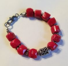 Chunky red bamboo coral and silver plated pewter. Lobster clasp. Red Bamboo, Bamboo Coral, Coral Bracelet, Lobster Clasp, Silver Plate, Silver Plated, Beauty Book, Jewelry Bracelets, Etsy Accessories