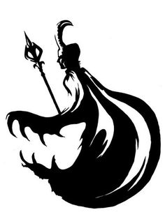 a black and white drawing of a wizard holding a staff