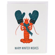 a card with two lobsters on it and the words warm winter wishes written below