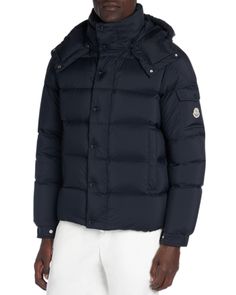 Moncler Vezere Puffer Jacket Luxury Long Sleeve Down Outerwear, Luxury Down Long Sleeve Outerwear, Luxury Down Outerwear With Pockets, Designer Long Sleeve Down Puffer Jacket, Luxury Navy Long Sleeve Outerwear, Designer Blue Outerwear With Padded Collar, Navy Down Puffer Outerwear, Luxury Long Sleeve Quilted Down Jacket, Luxury Blue Hooded Outerwear