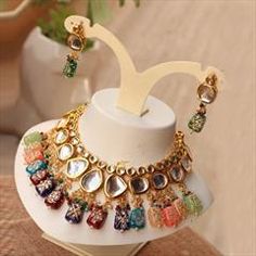 Gold Rodium Polish Multicolor color Necklace in Metal Alloy studded with Beads, Kundan Bridal Choker Set, Maroon Necklace, Kundan Jewellery Set, Antique Jewellery Designs, Valentine Gifts For Girlfriend, Bridal Choker, Kundan Set, Bridal Necklace Set, Polki Jewellery