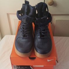 Women's Size 11/Men's Size 9.5. Hard To Find Nike Af Air Force 1's. Excellent Condition. Only Worn Once. Midnight Navy Navy Leather High-top Basketball Shoes, Navy High-top Sneakers With Boost Midsole, Navy High-top Sneakers With Laces, Navy Leather High-top Sneakers For Sports, Navy Lace-up Sneakers With Gum Sole, Navy Leather Lace-up High-top Sneakers, Nike Low-top Boots For Streetwear, Navy Leather Basketball Shoes With Round Toe, Nike Navy Lace-up Sneakers