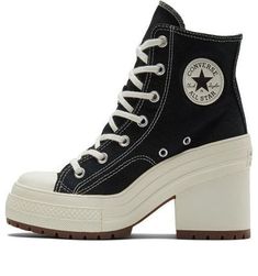 Converse Chuck 70 De Luxe Heel 'Black' A05347C (SNKR/Women's/High Top) High Heeled Converse, Converse Heel Boots, Prom Shoes Converse, Heeled Converse Outfits, Chunky Converse Shoes, Converse High Heels Outfits, Heeled Converse, Tenis Grunge, Converse Heel