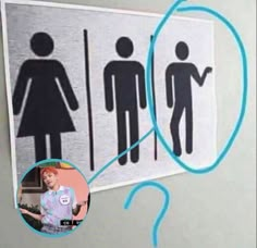 a bathroom sign with a magnifying glass in front of it and an image of a man's face