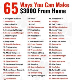 a poster with the words 65 ways you can make $ 300 from home