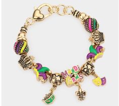 "Jewelry Mardi Gras Multi Bead Bracelet  1.2\"H 8\"L" Party Bracelets With Colorful Beads, Colorful Beads Metal Bracelets For Party, Gold Bracelets With Large Beads For Party, Colorful Round Bead Metal Bracelets, Colorful Beaded Metal Bracelets, Gold Bracelet With Large Beads For Party, Colorful Round Beaded Metal Bracelets, Party Multicolor Bracelets With Gold Beads, Metal Beaded Bracelets For Party