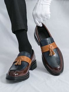 Men's Black & White Patchwork Leather Formal Dress Shoes, Tassel Pointy Toe Thick Sole Slip-On Loafers For Office, Outdoor, Indoor, Party, Wedding, Groom Marriage Ceremony Brown Blue     Plain    Men Shoes, size features are:Bust: ,Length: ,Sleeve Length: Suede Shoes Men, Tassel Shoes, Men Suede, Outdoor Bag, Business Formal, Formal Shoes, Mode Inspiration, Men Shoes Size, Kids Beachwear