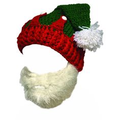 a red and green knitted hat with white pom - poms