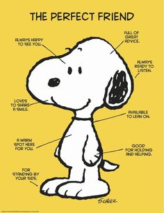 a snoopy cartoon character with the words'the perfect friend'written below it