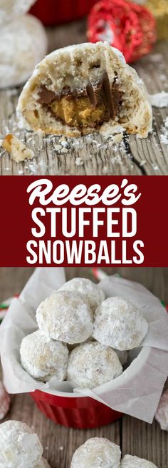 several different pictures of desserts with the words reese's stuffed snowballs on them