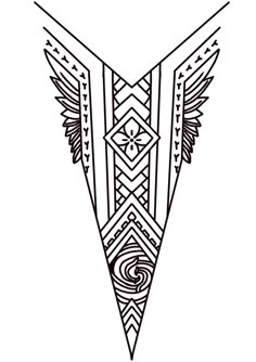 an artistic triangle with wings and swirls in the center, on a white background