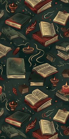 an image of many books floating in the air with candles and teapots around them