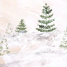 a painting of trees in the snow with green leaves on them, and white background