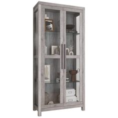 a tall glass door cabinet with shelves and drawers