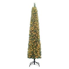 a tall artificial christmas tree with lights on it's sides and a black stand