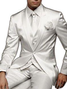 Elegant Single-button Wedding Suit, Elegant Satin Suits With Notch Lapel, Classic Satin Suits For Semi-formal Occasions, Elegant Satin Suits With Suit Collar, Classic Tailored Satin Suits, Tailored Satin Elegant Suit, Classic Fitted Satin Suit, Fitted Satin Blazer Classic Style, Classic Fitted Satin Blazer